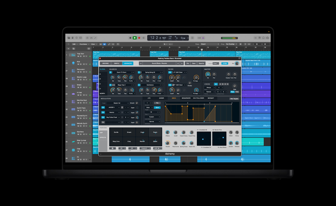 MacBook Pro 16″ screen showing Alchemy, Pulsing Techno Bass: Ricochet window, advanced controls and effects