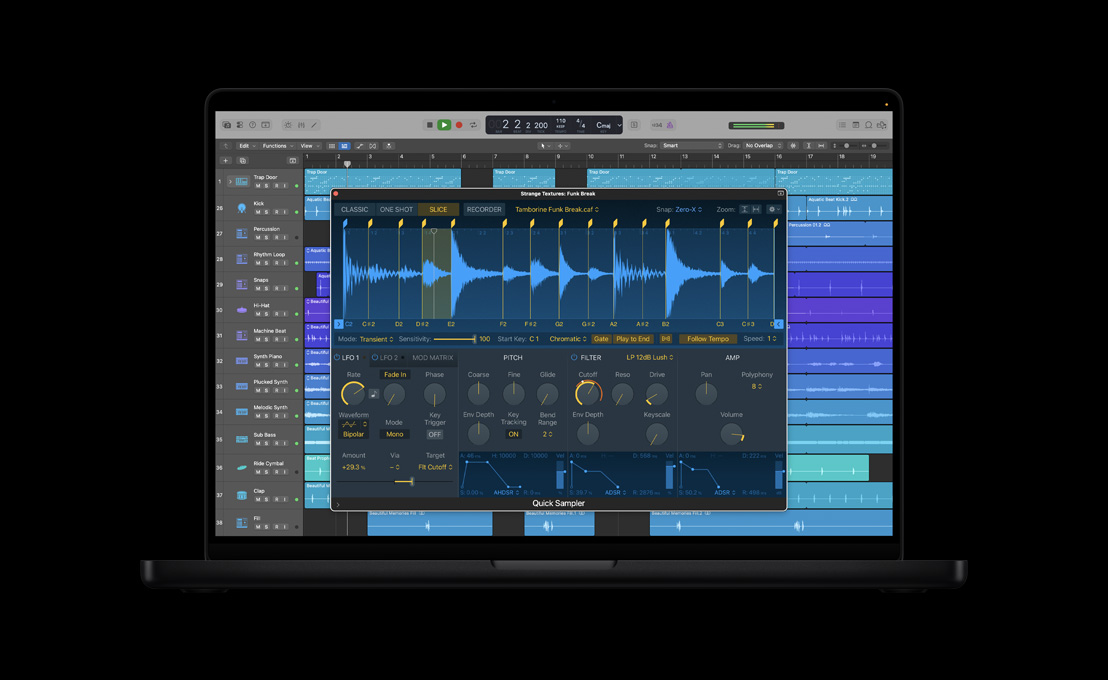 MacBook Pro 16″, Logic Pro mixer, window is open for Quick Sampler