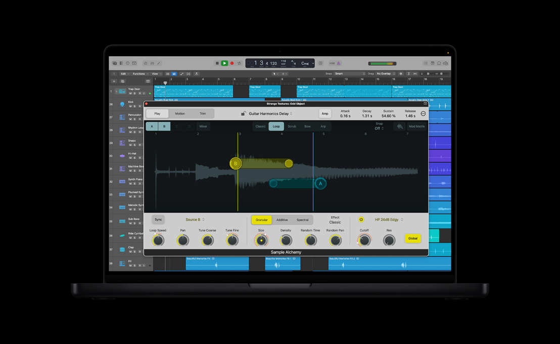 MacBook Pro 16″, Logic Pro Sample Alchemy window, vocal display