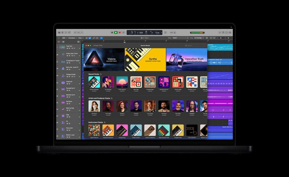 MacBook Pro 16″ screen showing Sound Library, sound packs, artist and producer packs, instrument packs