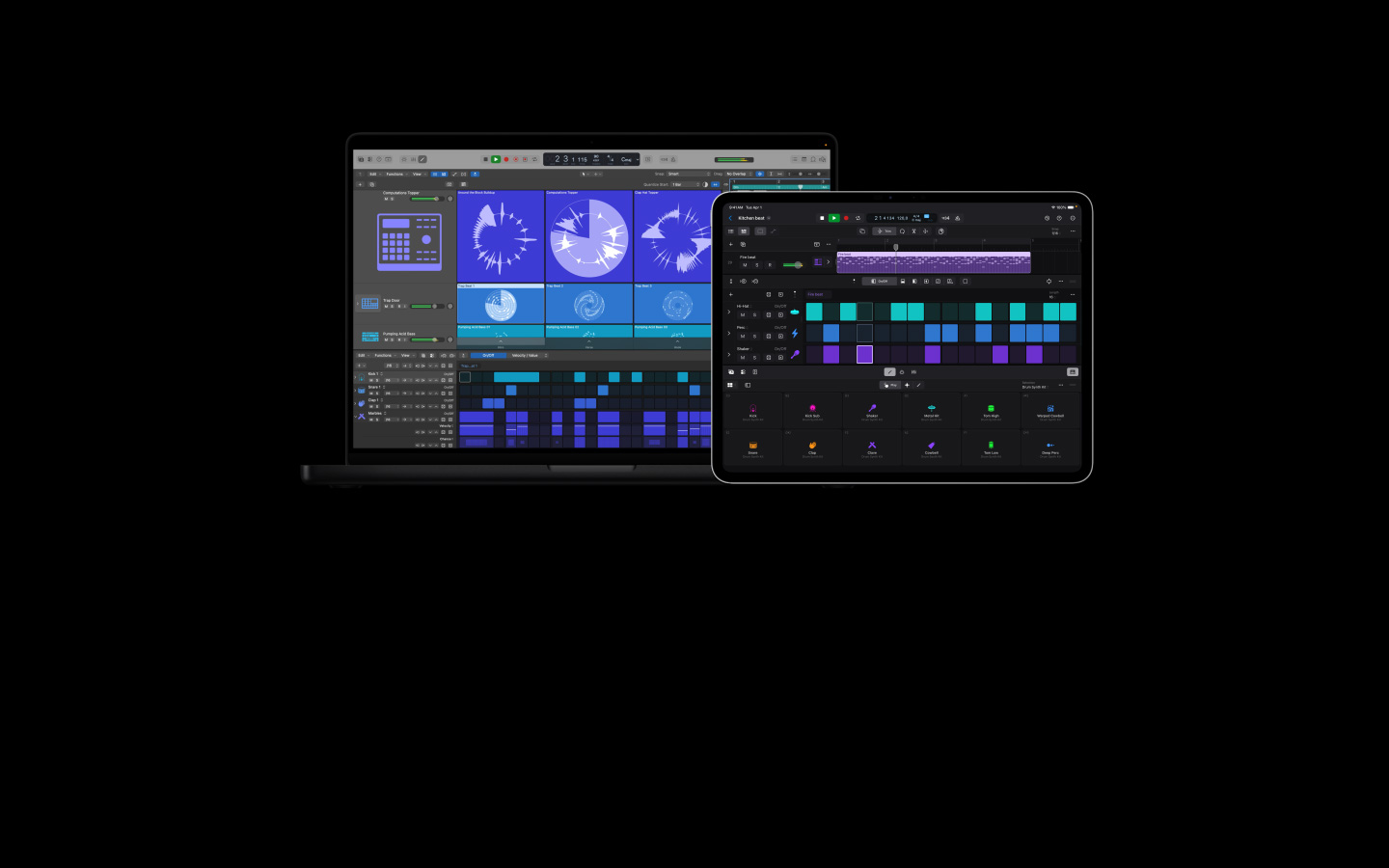 MacBook Pro 16″ screen showing Logic Pro interface, details of various controls for bass and drums, iPad Pro 13″ screen showing controls for different drums and percussion effects