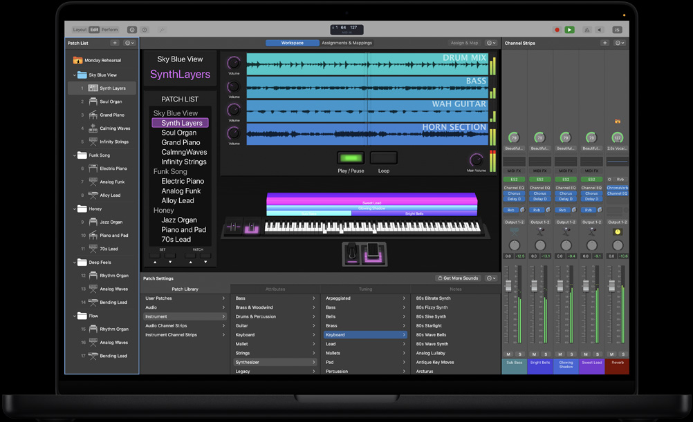 MacBook Pro 16″ screen showing MainStage workspace, a left panel with various files, at the bottom Patch Settings with Patch Library of sounds, to the right Channel Strips and controls