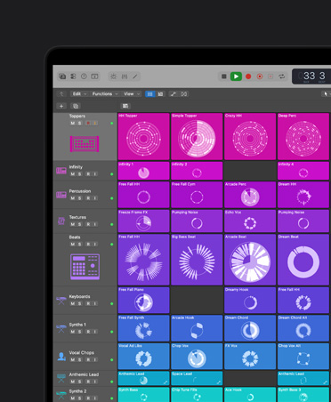 MacBook Pro 16″ screen showing controls and effects, left panel with Toppers, Infinity, Percussion, Textures, Beats, Keyboards, Synths 1, Vocal Chops, Anthemic Lead, Synths 2, Synths 3, each row is categorised by colour and shown on the right
