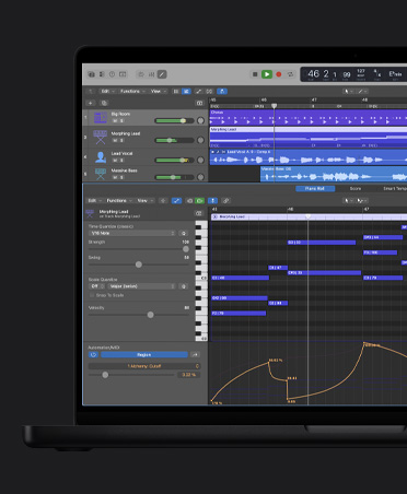 MacBook Pro 16″ screen showing sound waves with different rows including Big Room, Morphing Lead, Lead Vocal, Massive Bass, at the bottom is the Piano Roll window with adjustments to the left