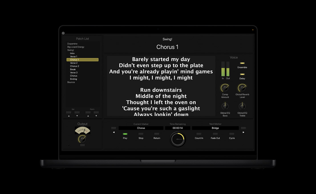 MacBook Pro 16″ screen showing Patch List panel on the left, Chorus 1 lyrics in the centre, Voice settings on the right, at the bottom sections for Output, Current Marker, Time Remaining and Next Marker