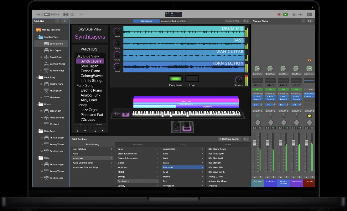 MacBook Pro 16″ screen showing MainStage workspace, a left panel with various files, at the bottom Patch Settings with Patch Library of sounds, to the right Channel Strips and controls
