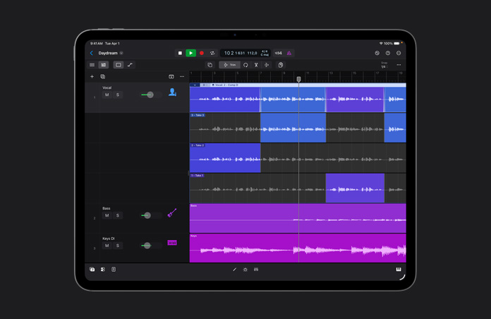 iPad Pro 13″, workspace showing different colour rows of audio takes