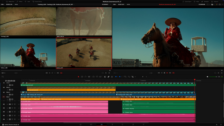 شاشة&nbsp;Studio&nbsp;Display وMac&nbsp;Studio مع مهمة تعديل فيديو متعدد الكاميرات في DaVinci&nbsp;Resolve&nbsp;Studio‏