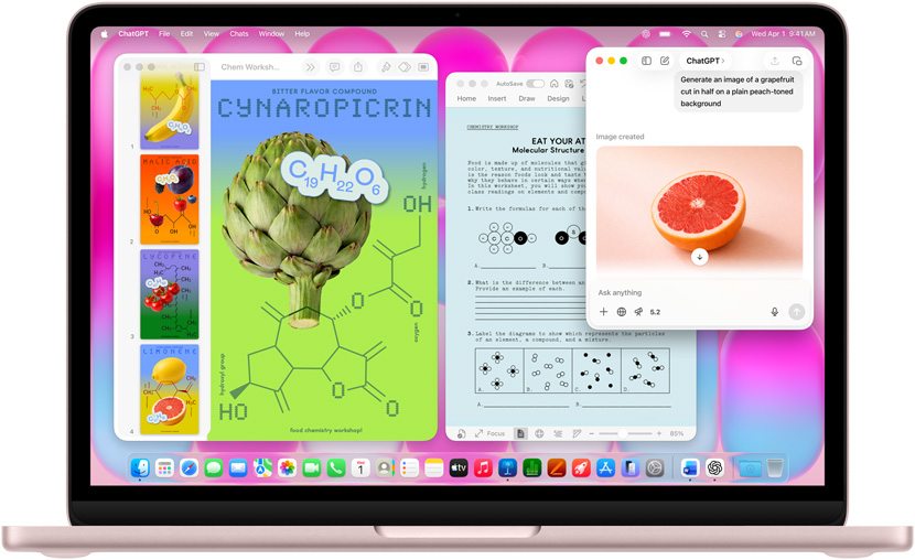 MacBook Neo, blush colour, using ChatGPT to generate image of grapefruit, other windows contain a Keynote document titled molecule posters with images of fruits and vegetables and associated molecular compounds and a related Microsoft Word document