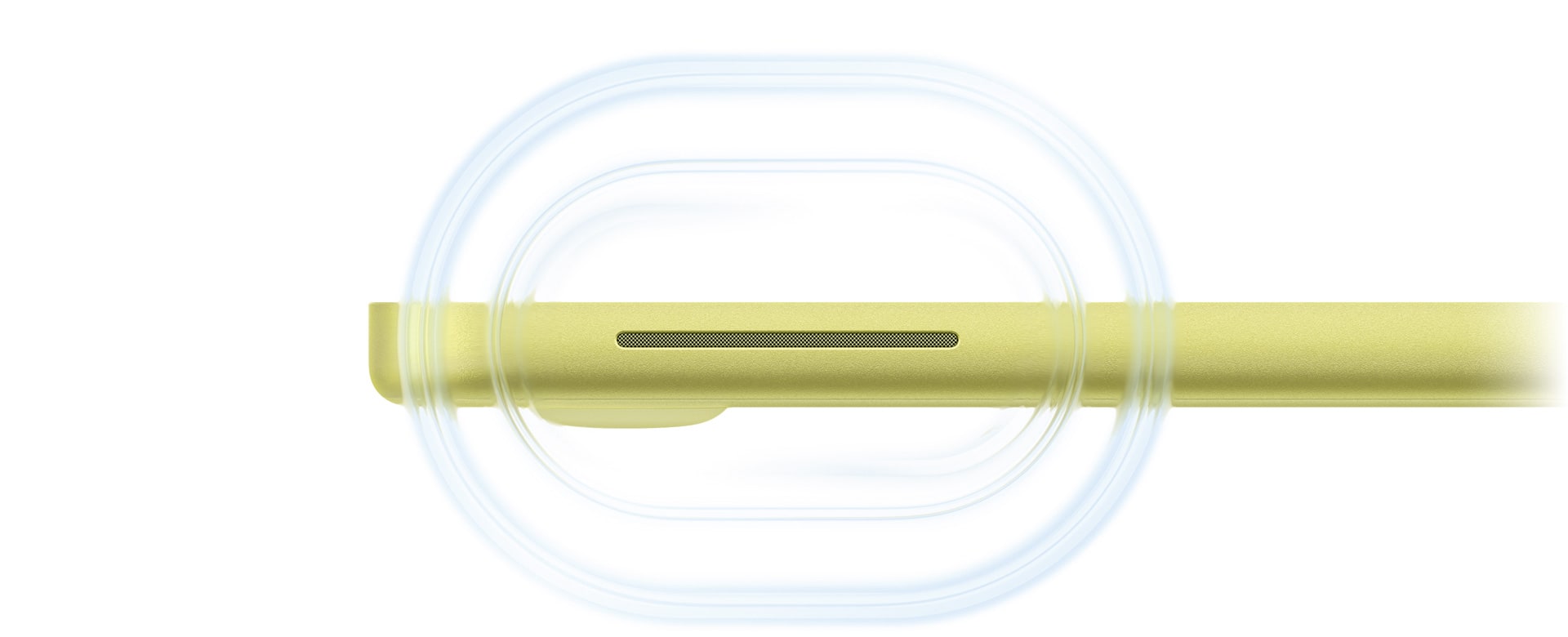 MacBook Neo, citrus colour, open, sound waves rippling from speaker on right side of computer toward front