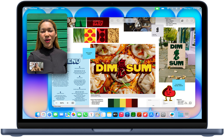 MacBook Neo, indigo colour, video call in progress, Freeform window with a menu, food photography, and illustrations for a dim sum restaurant