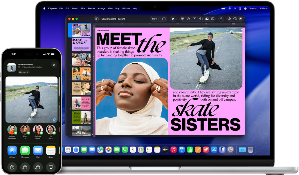 iPhone&nbsp;16&nbsp;Plus with Photo app open, 13-inch MacBook&nbsp;Air with a Keynote slide open, same photo from iPhone visible on slide