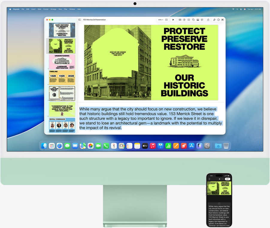 iMac and iPhone&nbsp;16&nbsp;Plus, Keynote app open on iMac, slide and presenter notes visible on iPhone