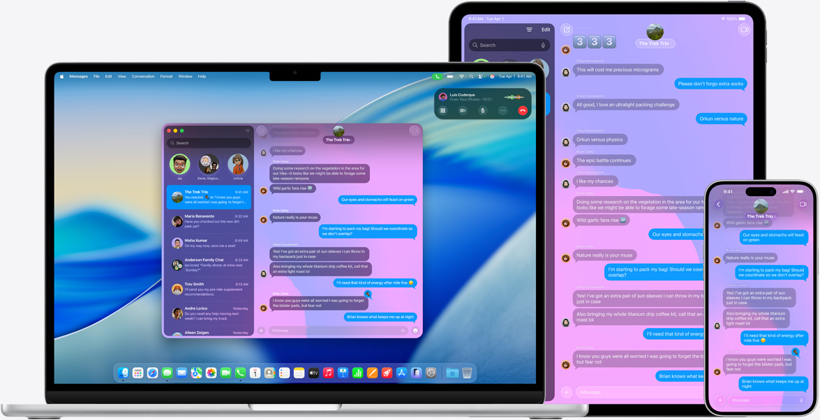 Apple products: 15-inch MacBook&nbsp;Air, 13-inch iPad&nbsp;Pro and iPhone&nbsp;16&nbsp;Plus, the same iMessage conversation displayed on each screen