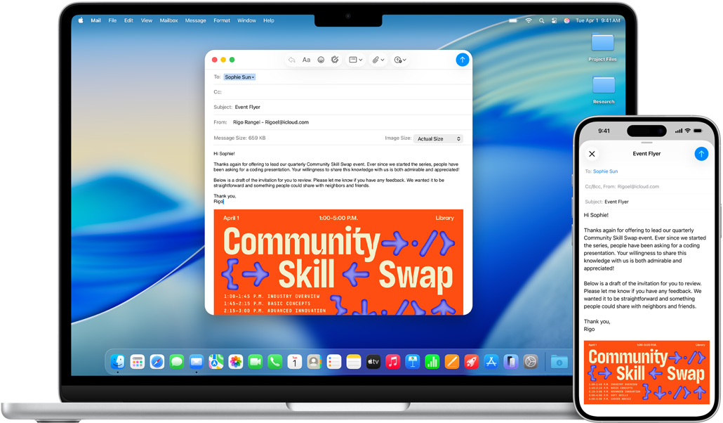 iPhone&nbsp;16&nbsp;Plus, 13-inch MacBook&nbsp;Air, Mail app open, the same email draft displayed on both screens