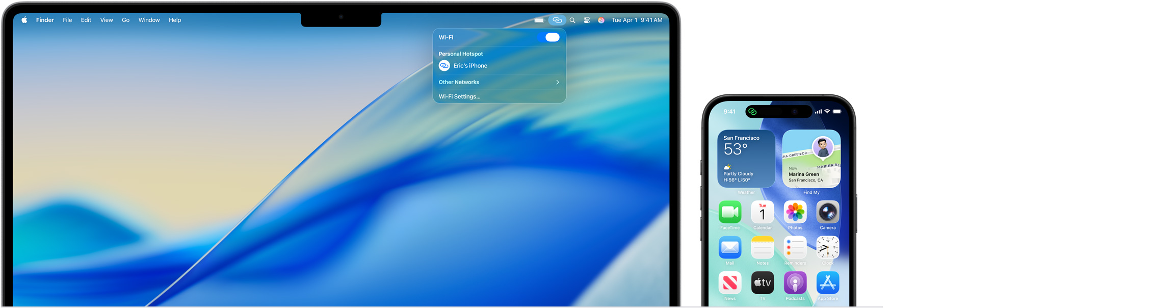 MacBook Pro 14 pouces, centre de contrôle ouvert dans la barre de menus, Partage de connexion affichant : iPhone 16 d’Éric avec un indicateur de partage de connexion vert dans le coin supérieur gauche de l’écran