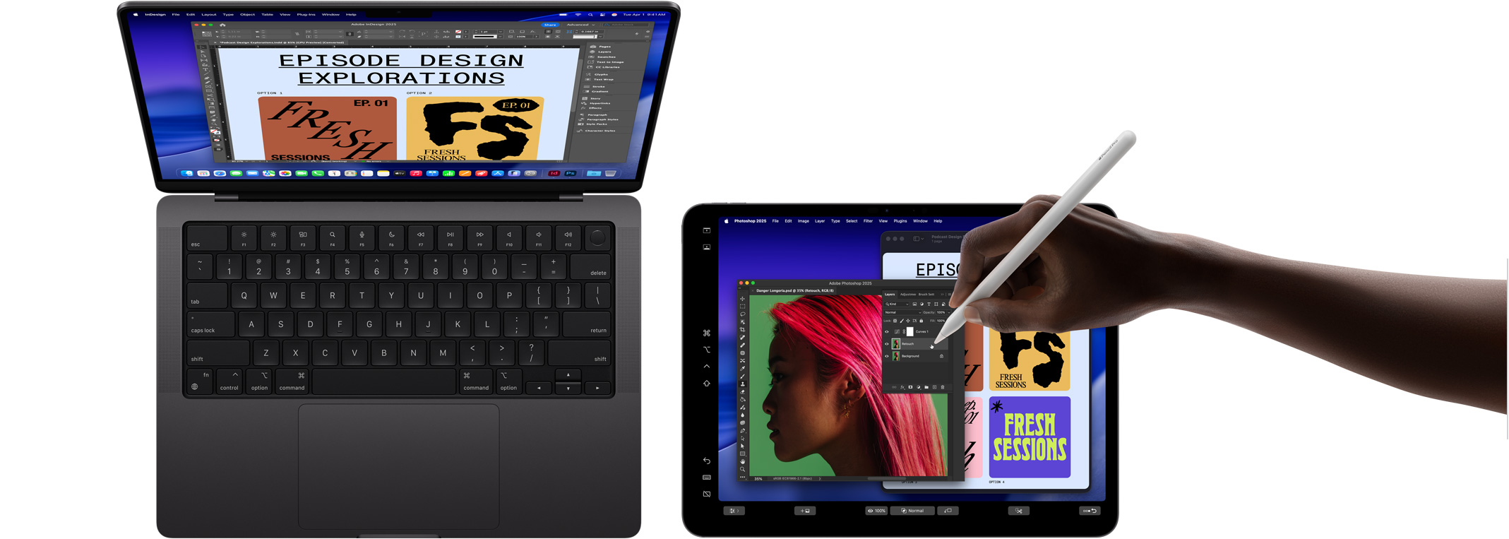 14-inch MacBook&nbsp;Pro, 13-inch iPad&nbsp;Pro being used to extend the display of the MacBook, a hand is using an Apple&nbsp;Pencil&nbsp;Pro to manipulate the image on the iPad