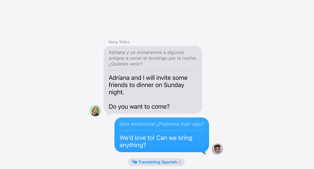 Tłumaczenie na żywo w apce Wiadomości – przykład automatycznego tłumaczenia między hiszpańskim a angielskim