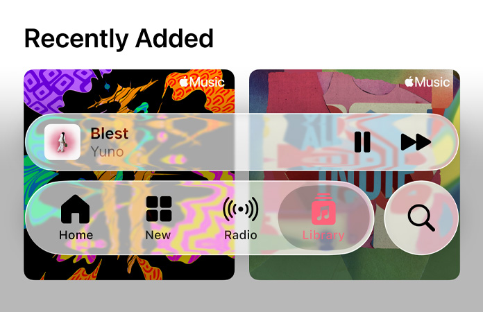 Transluzente Steuerelemente in Apple Music stellen den Hintergrund mit einem Lichtbrechungseffekt dar