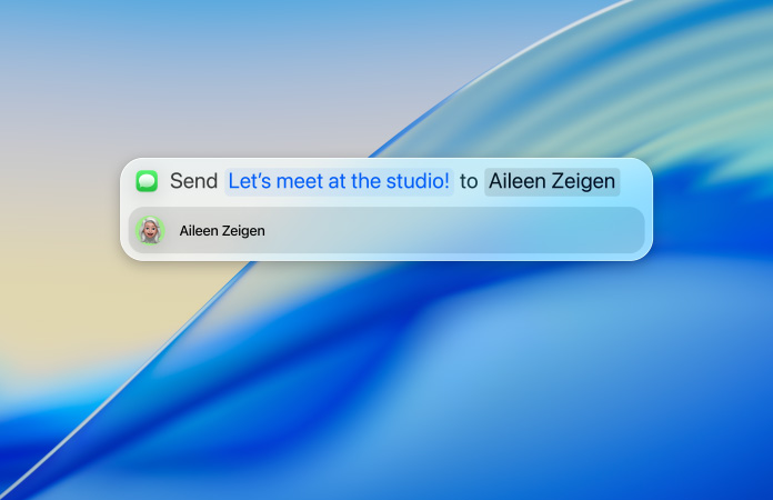Jemand gibt eine Textnachricht in Spotlight ein, um sie über die Nachrichten App zu senden
