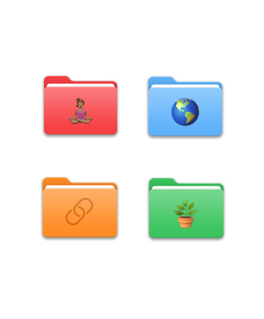 Four Files folders in a grid pattern, each one a different colour, red, light blue, orange and green, with a different icon on, a yogi, globe, URL link symbol and a plant.