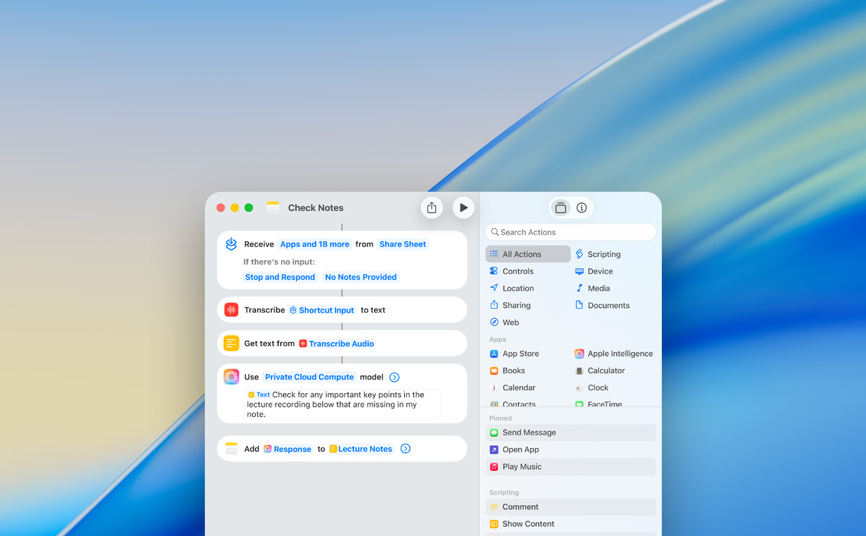 Close-up of user building a shortcut with the Use Model action in the Notes app