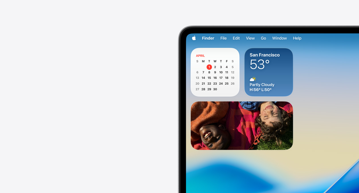 Top left of Mac device screen showing the transparent Menu Bar and Liquid Glass versions of Weather, Calendar and Photos app widgets in Notification Centre