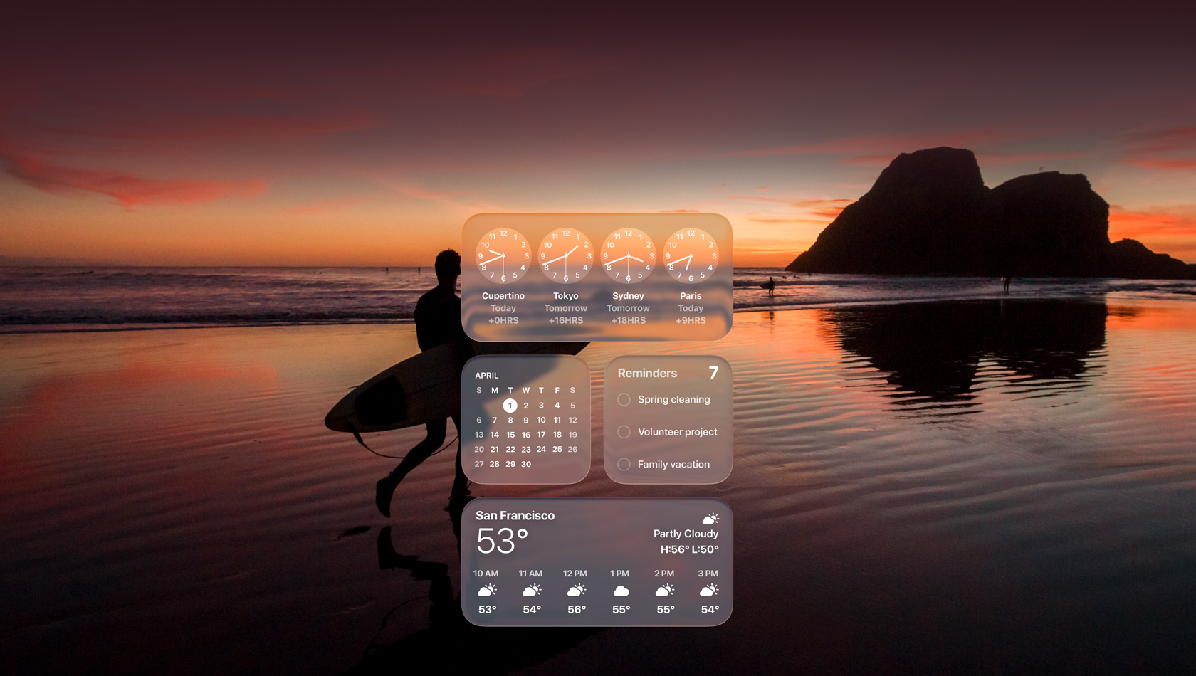 Liquid Glass Clock, Calendar, Reminders and Weather widgets over an image of a surfer walking on the beach at sunset