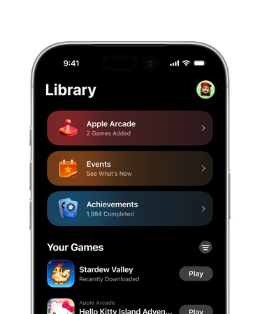 iPhone, top half of screen showing Games app layout, including Library tab, Apple Arcade, Events, Achievements, and All Games section