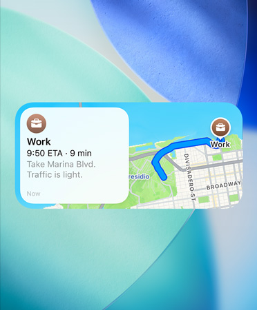 Maps widget showing new preferred routes trip planner, with traffic details, arrival time and duration of trip