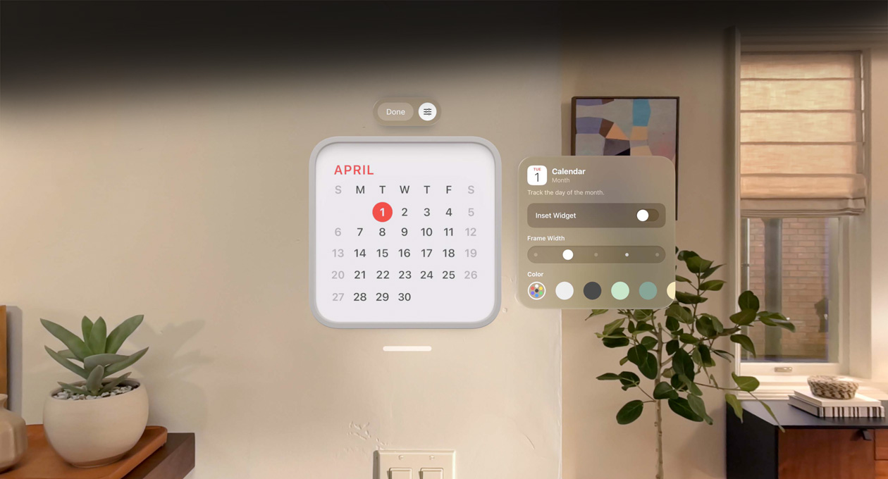 Calendar widget reading: 1 April floats on wall, reminder widget above, personalisation options to change frame thickness and colour to right