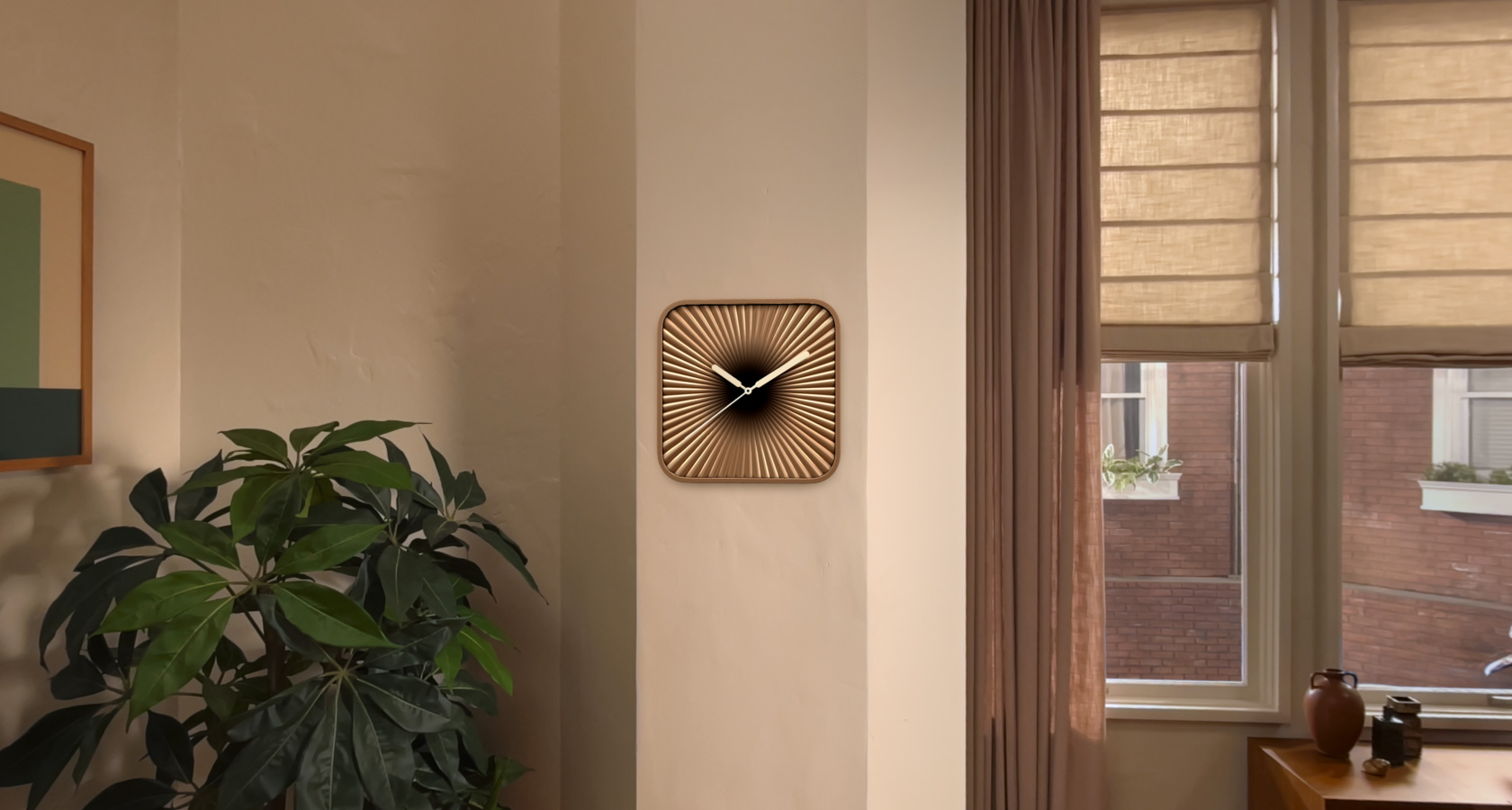 Close-up of clock widget in a physical space on a wall seen through Apple Vision Pro