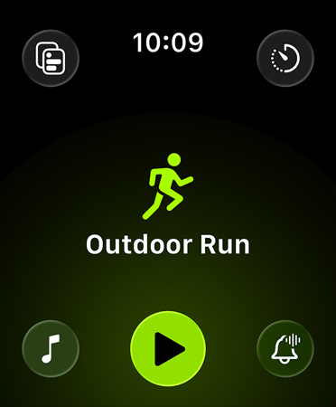 Workout app new layout, green buttons in each corner to access alerts, music, experiences, custom workouts and metrics against a black background. In centre, an icon of a runner in green, with Outdoor Run in white letters below and a green Play button below