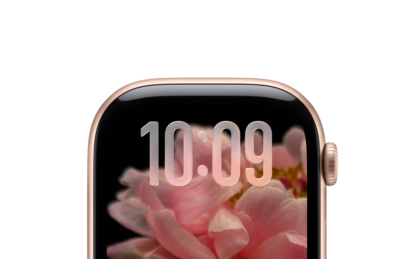 Apple Watch in Rose Gold, no strap, top section of face only, translucent Liquid Glass time numerals at the top