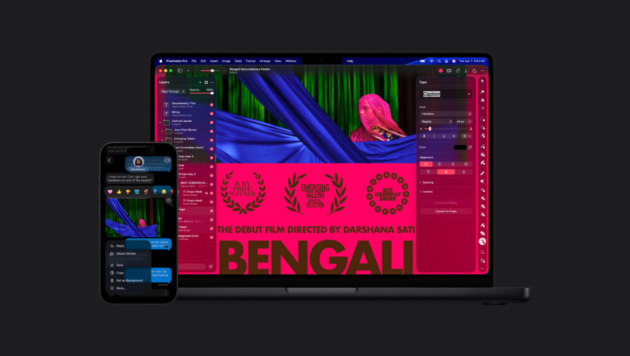 iPhone 16 screen showing photo of woman with pink veil in the Messages app, emoji reactions, image options, MacBook Pro 14″ screen showing photo of woman in pink veil, movie poster, editing tools on left and right sides