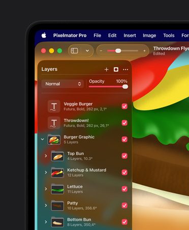 MacBook Pro 16″ screen, colourful illustration of hamburger, Pixelmator Pro arrange tools