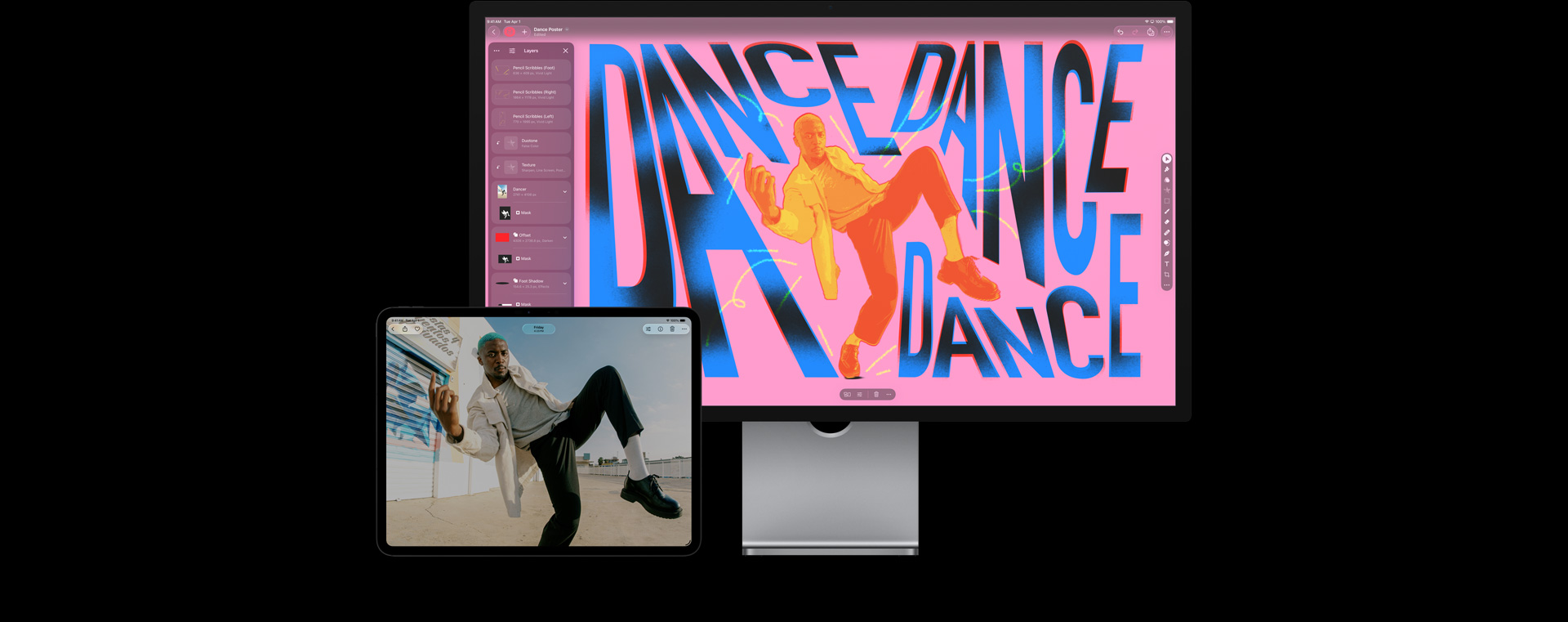 iPad Pro screen showing a man with blue hair, white jacket, grey shirt, black pants and shoes, dancing outside, Mac Studio Display screen showing workspace with colourful stylised typography, edited image of man dancing overlayed in blue, yellow and red colours
