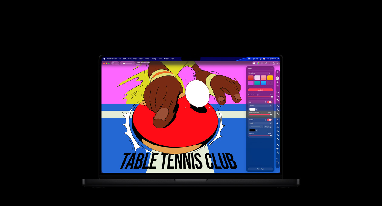 MacBook Pro 16″ screen, colourful poster for Table Tennis Club, colour editing tools