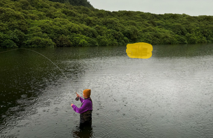 Photo of woman fly fishing in stream, Pixelmator Pro tool removing unwanted objects