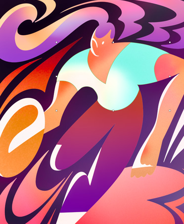Highly stylised and colourful illustration of woman playing basketball