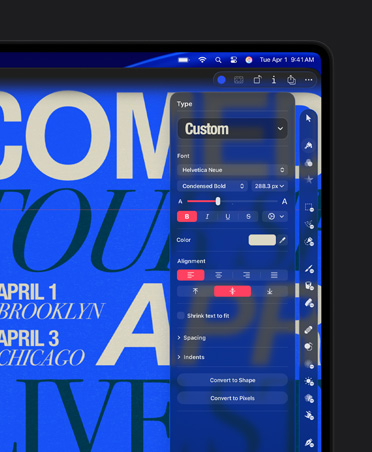 MacBook Pro 16″ screen, image of poster for Comedy Tour, custom type tool