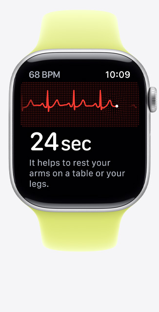 Apple Watch Series 11, aluminium case, silver colour, ECG app, beats per minute in top-left corner, centered rhythm line and timer, Sport Band, neon yellow colour