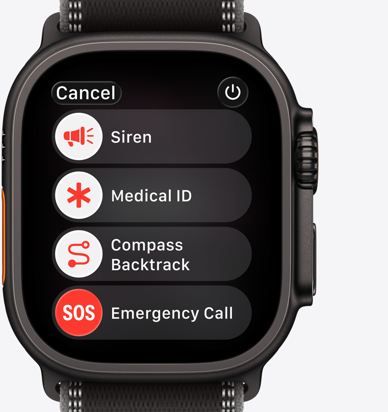 Apple Watch Ultra 3, titanium case, black colour, emergency assistance options onscreen: siren, medical ID, compass backtrack, emergency call