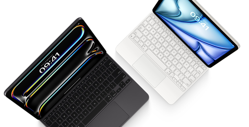 Hình ảnh nhìn từ trên xuống của iPad Pro gắn với Magic Keyboard màu đen dành cho iPad Pro và iPad Air gắn với Magic Keyboard màu trắng.